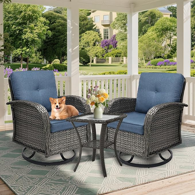 3 Pieces Patio Furniture Set, Outdoor Swivel Rocking Chair Set of 2 with Side Table - 360° Swivel, Thick Cushions, All-Weather Bistro Set for Deck, Porch, Pool(Navy, Grey Full-Weave Rattan)