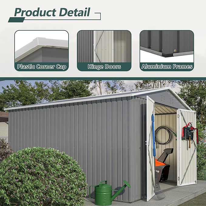10 x 10 FT Outdoor Storage Shed, Large Metal Tool Sheds with Updated Frame Structure and Lockable Doors, Garden Shed for Backyard Garden Patio Lawn, Grey