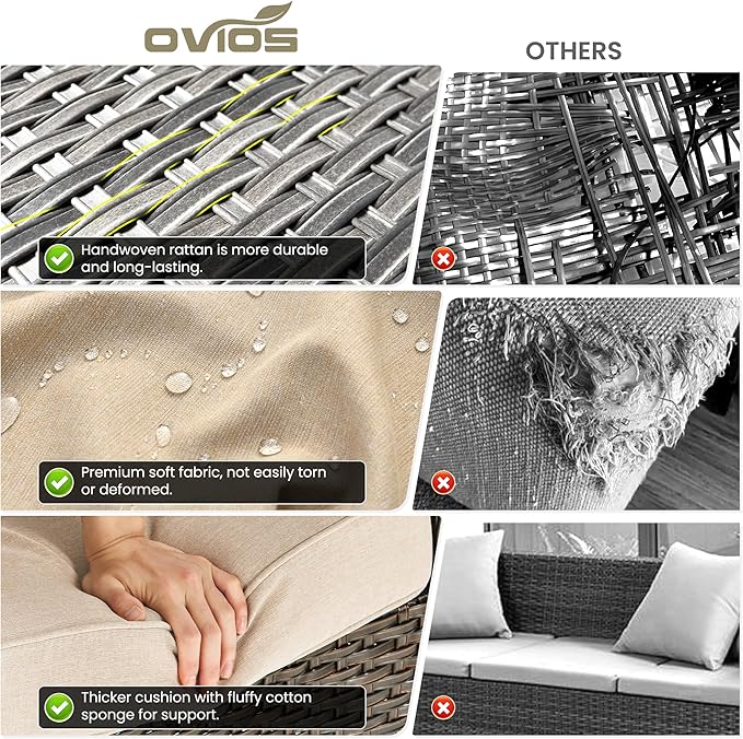 ovios 7 Pieces Patio Furniture Set, Outdoor Wicker Sofa Couch with Swivel Chairs 54" Fire Pit Table, High Back All Weather Modern Conversation Sets, Brown Rattan, Beige