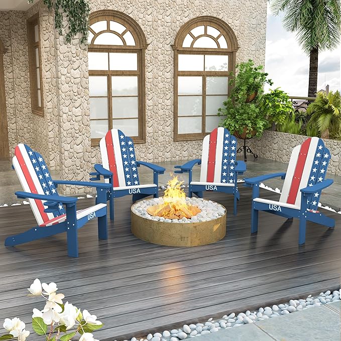 LUE BONA HDPS Adirondack Chairs Set of 2, Fire Pit Outdoor Chair Weather Resistant with Cup Holder, Modern Plastic Chair Plastic for Patio, Deck, Proch, 350LBS, Flag Blue