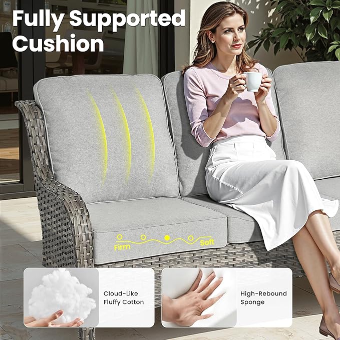 ovios 5 Pieces Patio Furniture Set, Outdoor Wicker Sofa Couch with Swivel Chairs Solar Lights Table, High Back All Weather Modern Conversation Sets, Grey Rattan, Grey