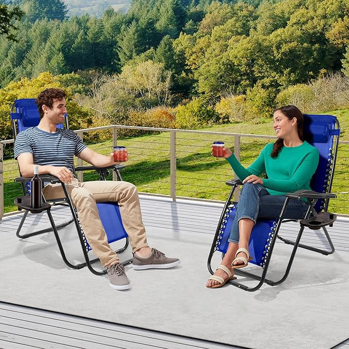 Elevon Zero Gravity Chair Set of 2 with Cup Holder & Removable Pillows, Adjustable Reclining Outdoor Patio Folding Chairs Portable Lounge Chair Furniture for Poolside, Lawn, Beach, Camping, Blue