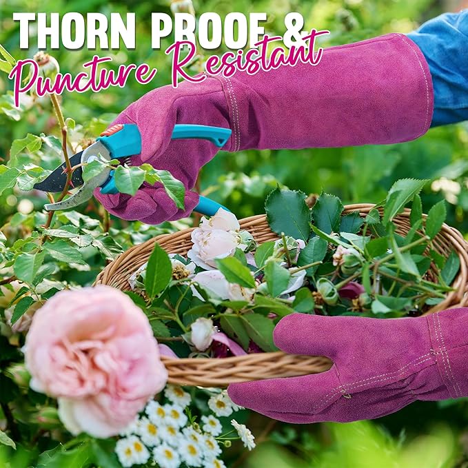 HANDLANDY Ladies Leather Gardening Gloves, Thorn Proof Women Rose Pruning Garden Yard Glove, Heavy Duty Long Sleeve Gloves (Medium, Rosy)