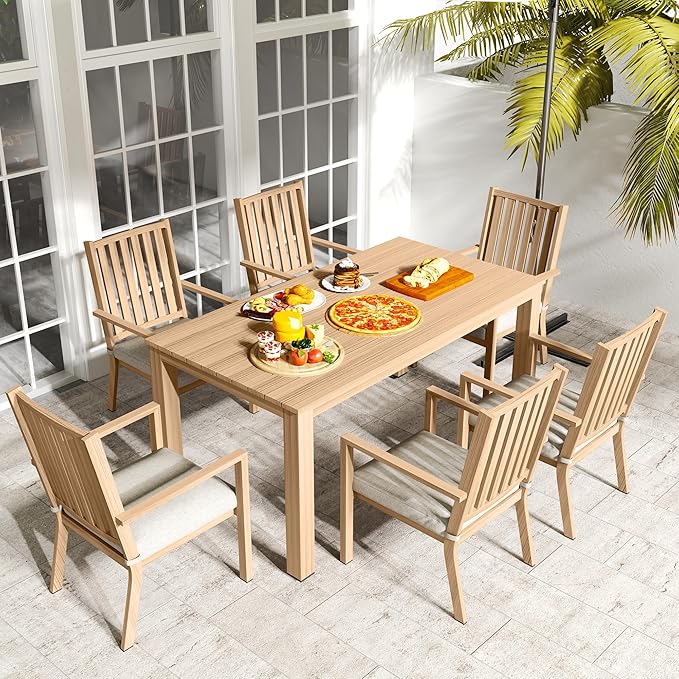 Patio Dining Chair Set of 4, Aluminum Outdoor Dining Chairs with Waterproof Cushions, Metal Outdoor Patio Furniture Seating for Porch, Balcony, Deck, Backyard, Light Wood Color
