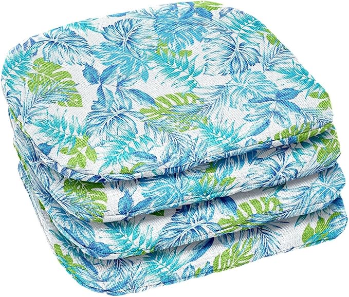 BrylaneHome Indoor/Outdoor Chair Pads (Set of 4) - 16" L x 15.6" W - Water, Stain & Fade Resistant - Blue Fern