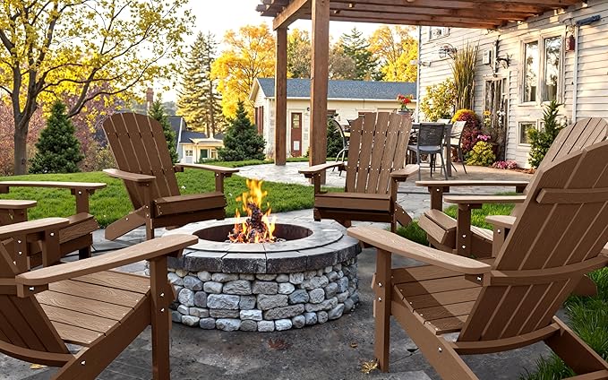 YEFU Adirondack Chairs Set of 8: Outdoor Chair HIPS Plastic Adirondack Chairs - Patio Chairs with Wood Texture - Lawn Fire Pit Deck Porch Garden Chairs for Adults (Teak)