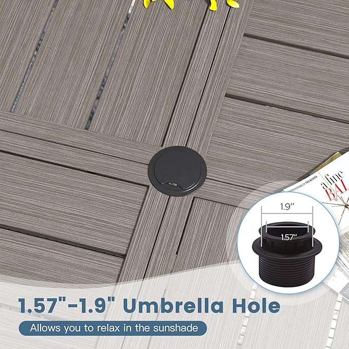DIFY 50" Round Outdoor Patio Dining Table for 6, All-Weather Metal Steel Slatted Patio Table with 1.57" Adjustable Umbrella Hole, for Lawn Garden Porch Backyard, Grey Wood-Like