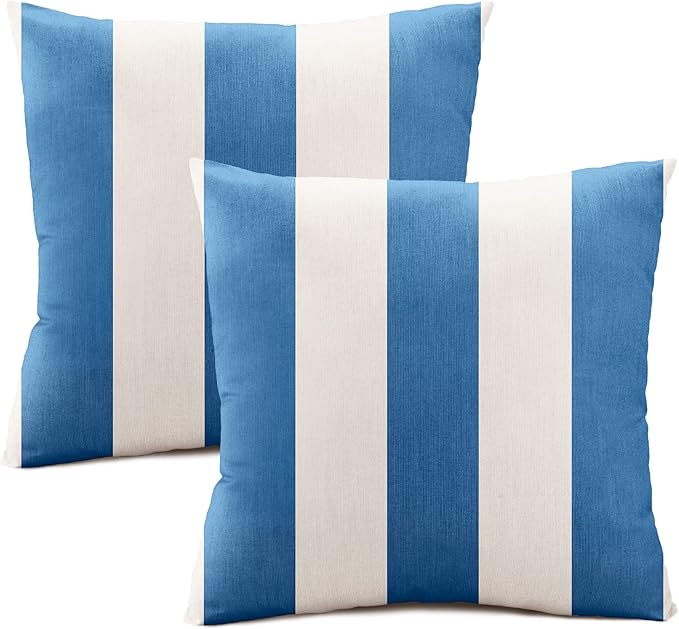 Austin Horn Classics Sunbrella Cabana Stripe White/Blue, Zippered 18-inch x 18-inch Pillow Cover ONLY (Set of 2) Indoor/Outdoor, Fill Sold Seperately