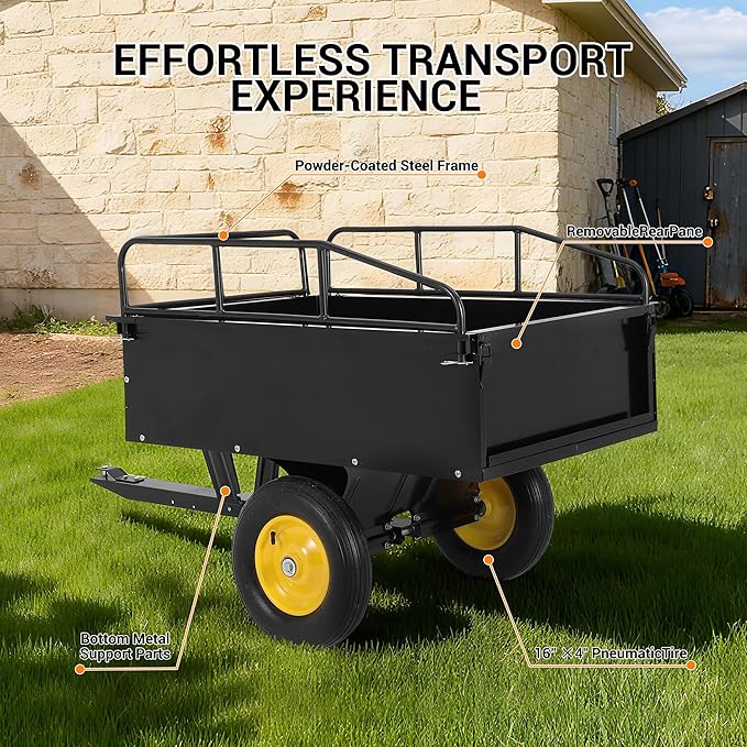 500LBS Heavy Duty Tow Behind ATV Trailer, Steel Dump Cart, Garden Utility Trailer with Removable Tailgate for Riding Lawn Mower Tractor, Black