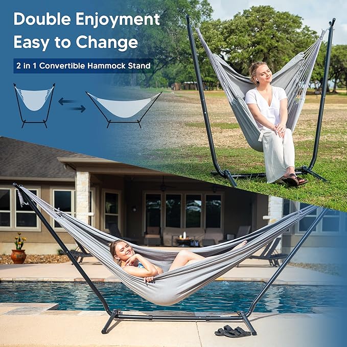 SUNCREAT 2-in-1 Convertible Extra Large Hammocks with Stand, Heavy Duty 2 Person Hammock for Outside with Stand, Patent Pending, Light Gray