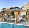 Domi Outdoor Living 12’x16’ Hardtop Gazebo, Wooden Coated Aluminum Frame Canopy with Galvanized Steel Double Roof, Outdoor Permanent Metal Pavilion with Curtains and Netting for Patio, Deck and Lawn