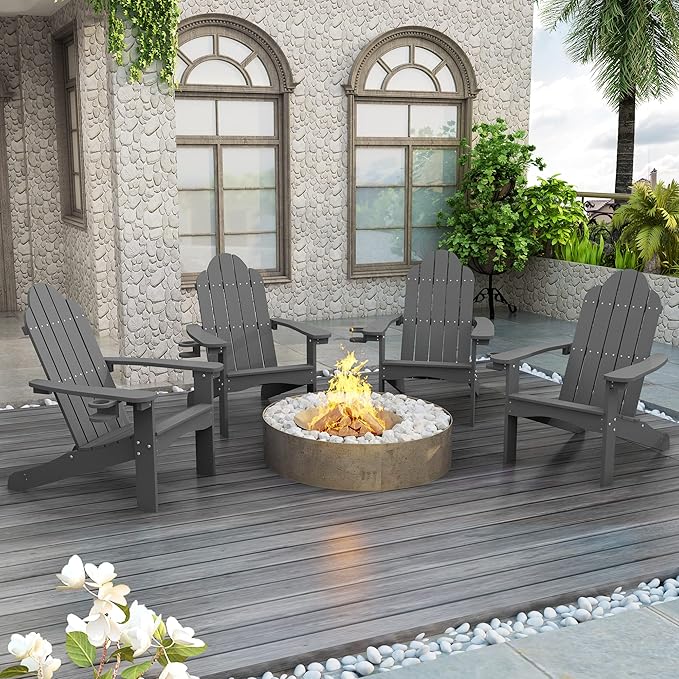 LUE BONA HDPS Adirondack Chairs Set of 4, Fire Pit Outdoor Chair Weather Resistant with Cup Holder, Modern Plastic Chair Plastic for Patio, Deck, Proch, 350LBS, Dark Gray