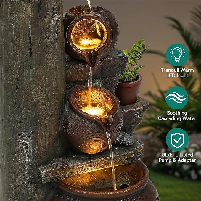 40" H Overszied Outdoor/Indoor Water Fountain with LED Lights and Pump, Cascading Pitchers Farmhouse Garden Fountain Waterfall for Patio, Porch, or Yard
