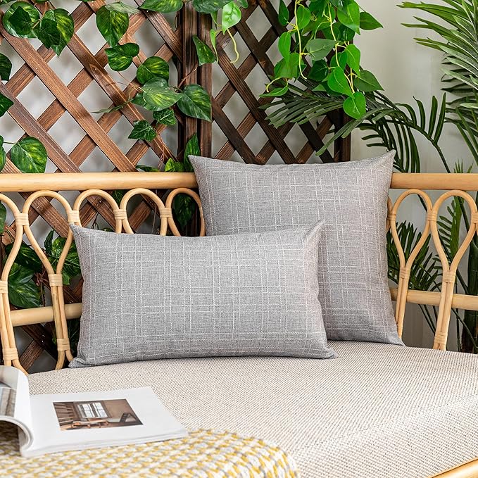 Kevin Textile Pack of 2 Decorative Outdoor Waterproof Pillow Covers Garden Checkered Cushion Sham Throw Pillowcase Shell for Patio Tent Couch 20x20 Inch Grey