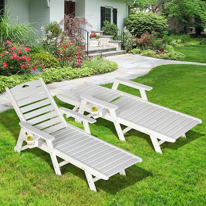 nalone Outdoor Chaise Lounge Chair Set of 2 with Wheels & Cup Holder, HDPE Pool Lounge Chairs with 5-Position Adjustable Backrest Supports Up to 400 LBS for Patio Poolside Deck Beach Backyard (White)