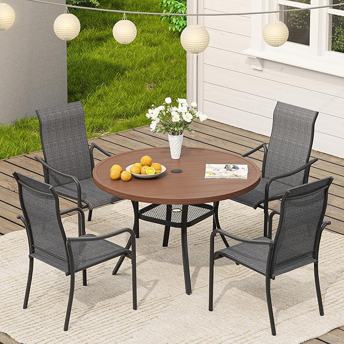 VICLLAX Outdoor Patio Round Dining Table, 41"x 41" Metal Slatted Round Tabletop with Adjustable Umbrella Hole for Deck Lawn Garden Backyard, Walnut