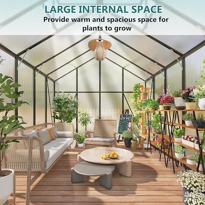 10*12*8.7FT Greenhouse for Outdoors,Polycarbonate Greenhouse with Stronger Wind Protection and Roof Vent,Walk-in Large Aluminum Sunroom Winter Proof,Black