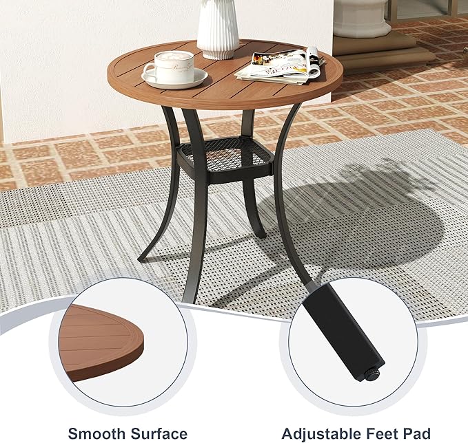 VICLLAX Round Patio Dining Table, Metal Outdoor Bistro Table with Storage Shelf for Balcony Garden Deck, 27.6 Inch Walnut