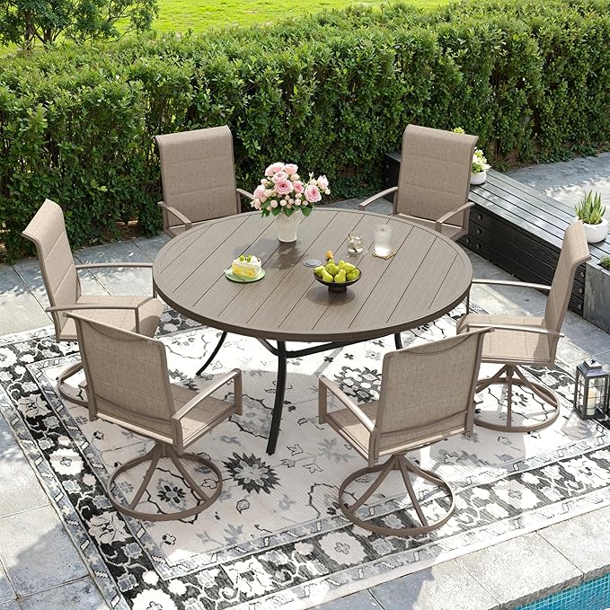 DIFY 50" Round Outdoor Patio Dining Table for 6, Metal Patio Table with 1.57" Adjustable Umbrella Hole, All-Weather Dining Furniture Table for Backyard Lawn Garden, Grey Wood-Like