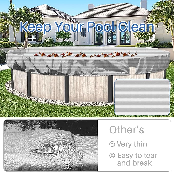 ECOOPTS 14 ft Round Pool Cover for Above Ground Pools, Swimming Pool Cover Protector Winter Safety Cover (Gray White Stripes)