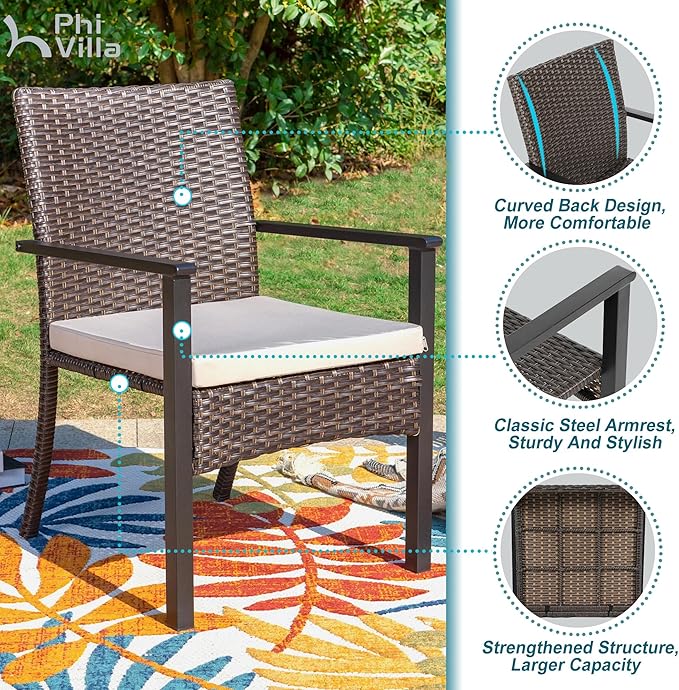 PHI VILLA 5 Pieces Outdoor Dining Set with Umbrella for 4, 37" Square Metal Polywood Table & Cushioned Wicker Rattan Chairs & 10ft Beige Umbrella Furniture for Patio, Deck, Yard, Porch