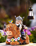 Garden Gnome Outdoor Statue 12 Inch Highland Cow Gnomes Decorations for Yard Patio Lawn Porch Birthday for Women, Mother’s Day, Housewarming with Solar Light Funny Decor for Outside