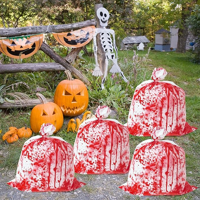 CNhoqc Halloween Lawn Leaf Bags - 4Pcs Halloween Party Bloody Large Trash Garbage Liners Refuse Strong Lawn Yard Waste Trash Bags Ply Heavy Duty Twist Ties Tear Resistant Self Standing Garden Outdoor