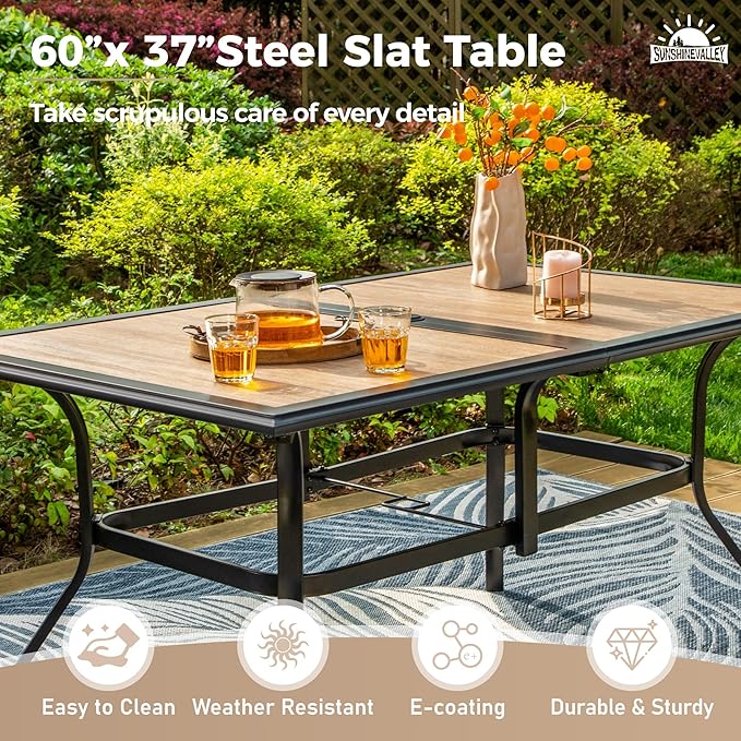 7 Pcs Patio Dining Set for 6, Rectangular Metal Dining Table (PVC Table Top) with Umbrella Hole and 6 Chairs, Outdoor Dining Set for Lawn Garden Deck, Brown