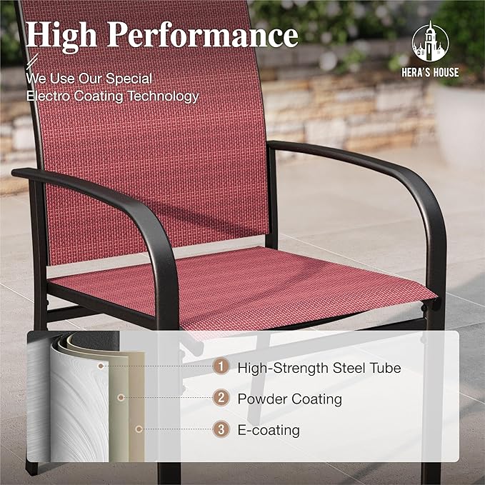 HERA'S HOUSE Patio Dining Chairs Set of 4, Outdoor Chairs, All Weather 36" Textilene Fabric Chair with Wrought Iron Metal Frame Support 350lbs for Lawn Garden Backyard Kitchen, Red
