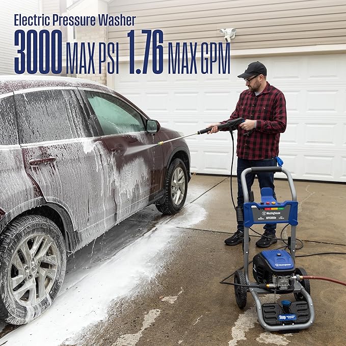 Westinghouse WPX3000e Electric Pressure Washer, 3000 Max PSI and 1.76 Max GPM, Induction Motor, Onboard Soap Tank, Spray Gun and Wand, 5 Nozzle Set, for Cars/Fences/Driveways/Homes/Patios/Furniture