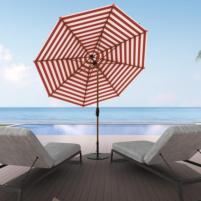 Midtown Umbrellas The Wooden 2-10 Feet Large Patio Umbrella, Terylast Red & White Stripes Fabric, Aluminum Frame For Backyard Umbrella, Deck Umbrella, Garden Umbrella & Pool Umbrella - Wooden Pole