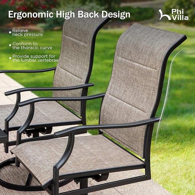 PHI VILLA Swivel Patio Dining Chair with 42" High Back, Padded Textilene Deep Seating Outdoor Chairs with Armrest & E-Coating Frame, All Weather-Resistant for Deck Lawn Garden, Set of 8