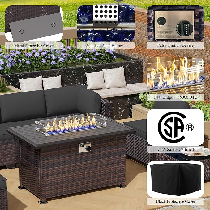 Outdoor Patio Furniture Sets with Propane Fire Pit Table, 10 Pieces Outdoor Furniture Patio Sectional Sofa Conversation Sets w/ETL Approved 43" Gas Outdoor Fire Table & Coffee Table (Grey)