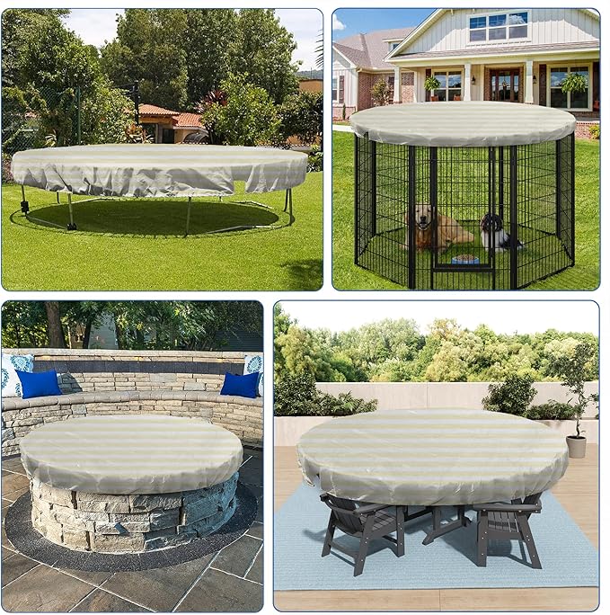 ECOOPTS 14 ft Round Pool Cover for Above Ground Pools, Swimming Pool Cover Protector Winter Safety Cover (Beige White Stripes)