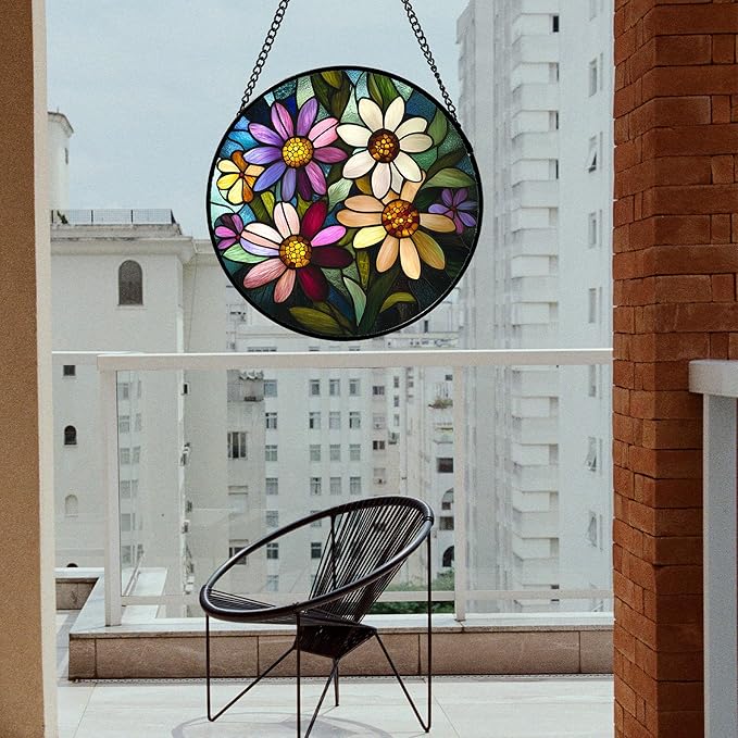 CRICRISGIF Stained Glass Window Hanging - Colorful Daisies Suncatcher for Door Garden Patio Retro Flower Sun Catchers Decor Christmas Mother's Day Birthday Gifts for Women Mom Nana Aunt Friend 9.8 in