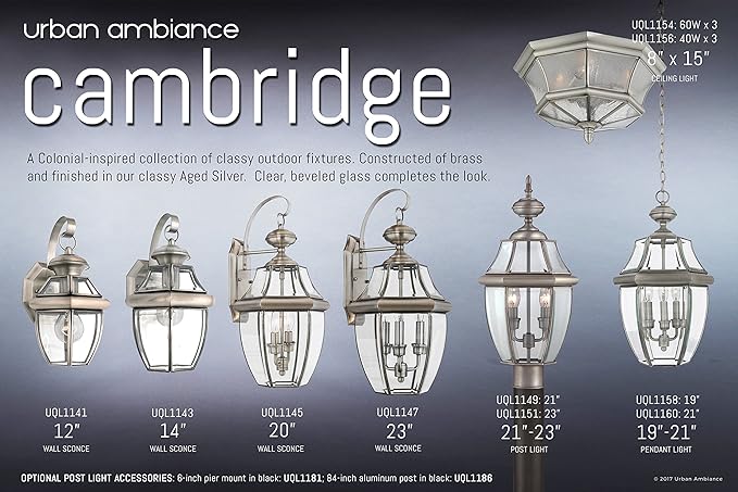 Urban Ambiance Luxury Colonial Outdoor Post Light, Large Size: 23" H x 12.5" W, with Tudor Style Elements, Versatile Design, Classy Aged Silver Finish and Beveled Glass, UQL1151