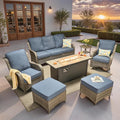ovios 7 Pieces Patio Furniture Set, Outdoor Wicker Sofa Couch with Swivel Chairs 54" Fire Pit Table, High Back All Weather Modern Conversation Sets, Grey Rattan, Denim Blue
