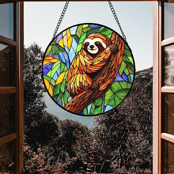 Stained Glass Window Hanging - Funny Sloth Suncatcher for Doors Garden Patio Cute Sun Catchers Decor Christmas Mother's Day Birthday Teenager Gifts for Women Men Mom Nana Friend 7.8 in