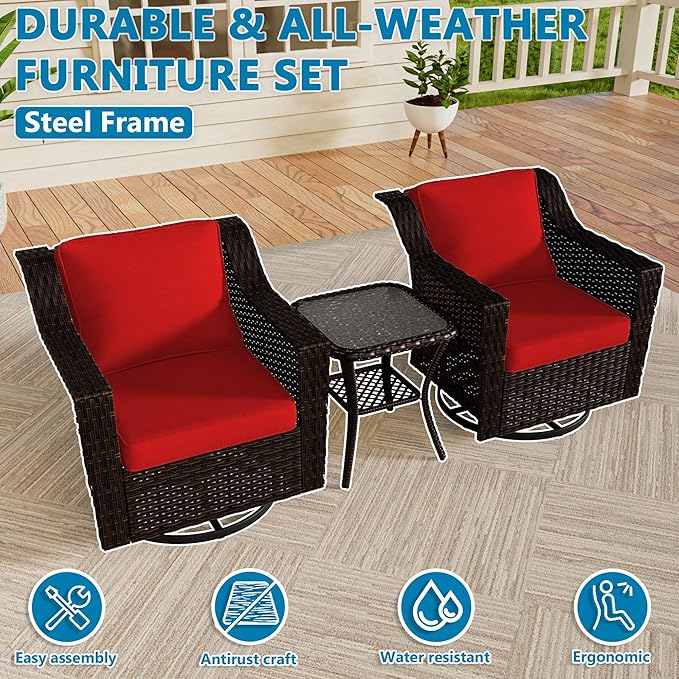 Vista Vibe 3 Pieces Outdoor Patio Conversation Furniture Set - 360 Degree Swivel Glider Rocker Chairs | Wicker End Table, Washable Cushions, Hand-Woven PE Rattan, Lawn, Sunroom (Brown/Red)