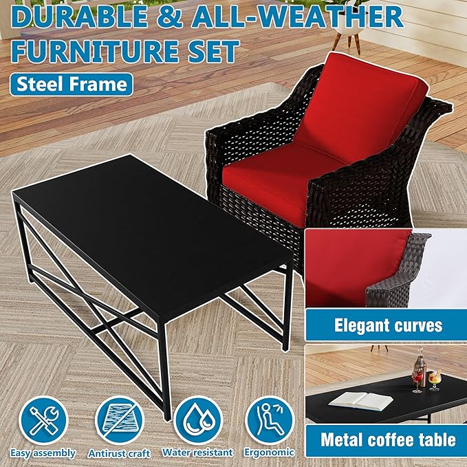 Vista Vibe 4 Pieces Outdoor Patio Conversation Furniture Set - 78" 3-seat Sofa | 2 Chairs | Metal Coffee Table, Deep Seat Loveseat, Removable Cushions, PE Rattan Couch, Lawn (Brown/Red)
