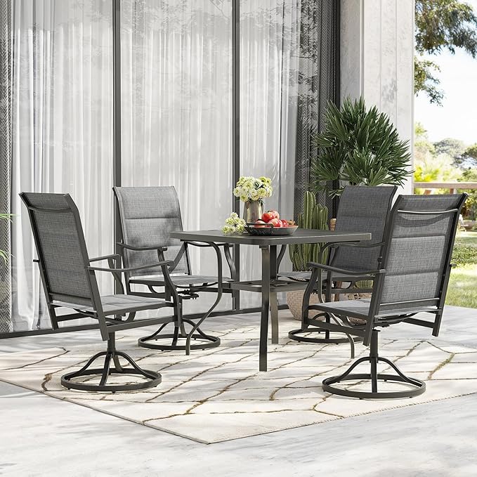 Patio Swivel Chairs Set of 2, Outdoor Dining Chairs with Padded Textilene, Swivel & Rocker Metal Outdoor Patio Dining Chairs All-Weather for Backyard, Grey Fabric with Black Frame