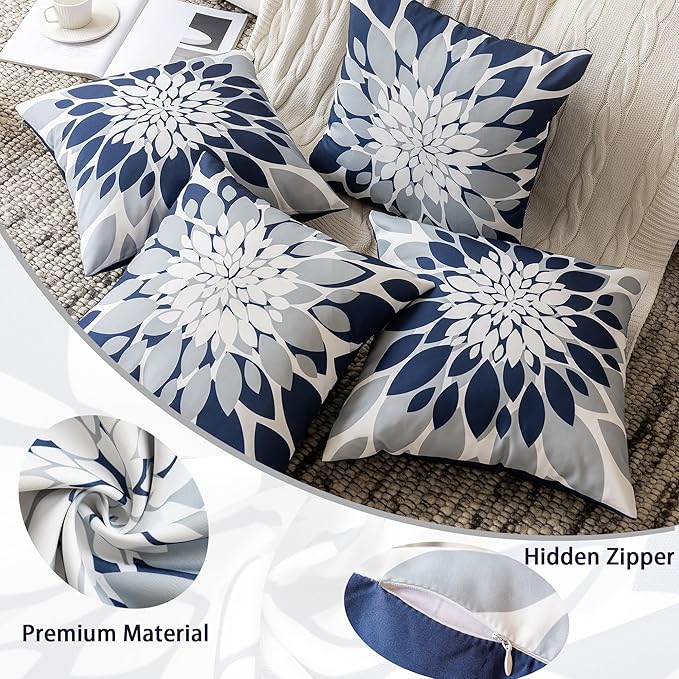 Qahing Pack of 4 Outdoor Waterproof Pillow Covers 20x20 Decorative Outdoor Throw Pillows Garden Square Cushion Cases for Patio Furniture, Couch, Tent Sunbrella, Bench, Navy Blue Grey