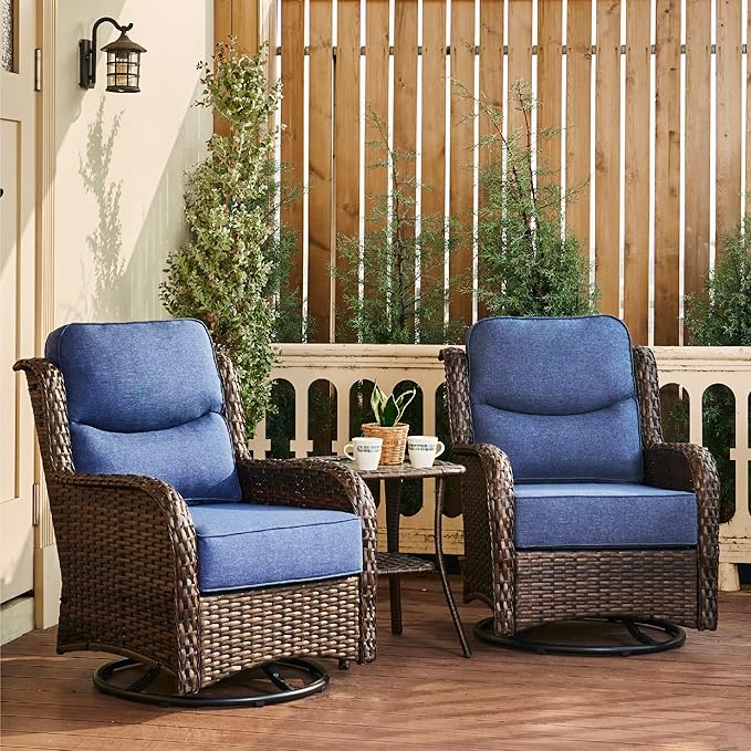 HILLGA Luxury Outdoor Swivel Rocker Patio Chairs of 2 with 6 Inch Thick Cushions and Side Table, Swivel Outdoor Chairs 3PCS High Back Wicker Patio Furniture Set for Porch, Balcony, Deck in Blue