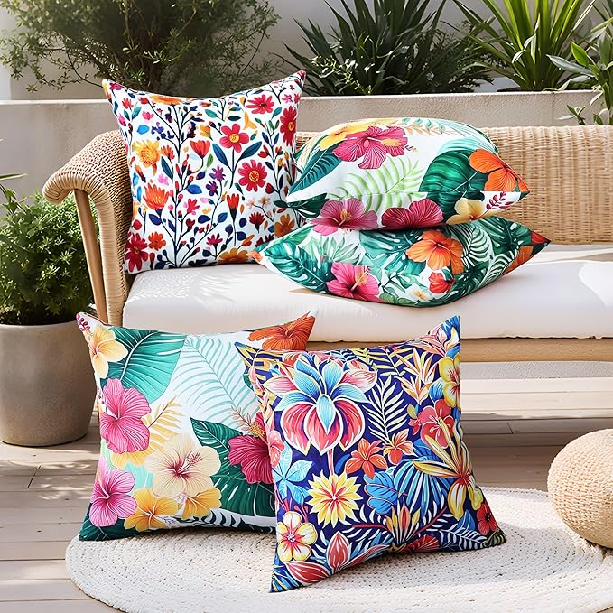 Outdoor Pillow Covers 18x18 Inch Set of 2 Tropical Floral Plants Boho Throw Pillows Cases Waterproof Square Garden Cushion Sham for Patio Funiture Tent Balcony Bench Sofa Couch, Green