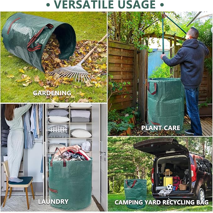 2 Pack 32 Gallon Reusable Yard Waste Bags (Green + Black), Collapsible Heavy Duty Lawn & Leaf Bags with Reinforced Handles for Leaf Collection, Yard Cleanup, Storage