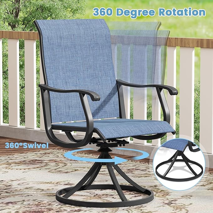DIFY 3 Pieces Outdoor Patio Bistro Dining Set, 2 Blue Textilene Swivel Dining Chairs and 27.6" Black Small Round Dining Table, Outdoor Table and Chairs
