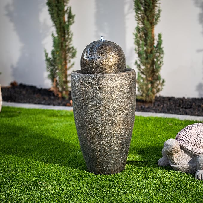 XBrand 25.98" H Round Stone Indoor/Outdoor Modern Stone Textured Sphere Water Fountain w/LED Lights, Ball Water Fountain Decor, Garden Sphere Fountain, Patio Fountain, Outdoor Fountain, Bronze