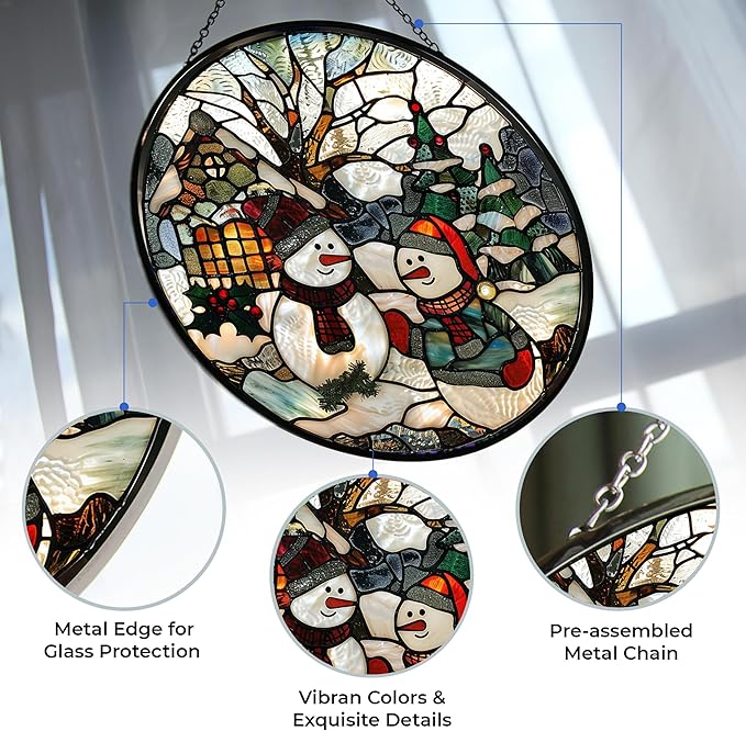 Christmas Snowman Stained Glass Sun Catcher Mountain Stained Glass Window Hanging, Suncatchers Lavender Wall Decor, for Women/Friends/Lover
