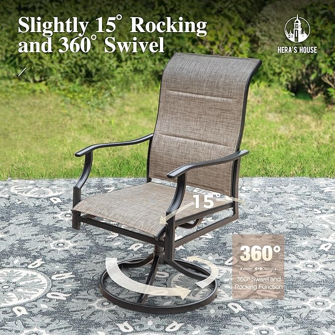 HERA'S HOUSE Outdoor Patio Dining Set of 7, 7 Piece Outdoor Table and Chairs Set of 1 Large Rectangular Patio Table and 6 Quick Dry Textilene Swivel High Back Rocking Chairs for Lawn, Park, and Garden