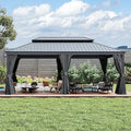 Domi 14x24FT Outdoor Gazebo, Hardtop Gazebo with Galvanized Steel Double Roof, Metal Gazebos with Drainage System Patio Pergola for Patio Deck Backyard,Curtain and Netting,Gray